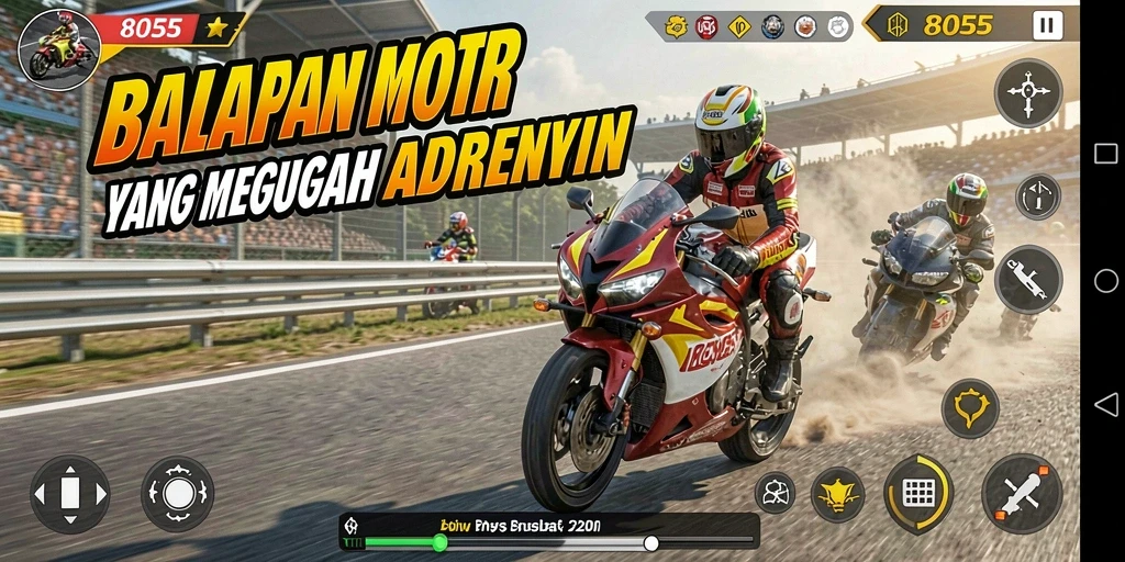 Tangkapan layar dari gameplay balapan motor yang mendebarkan.