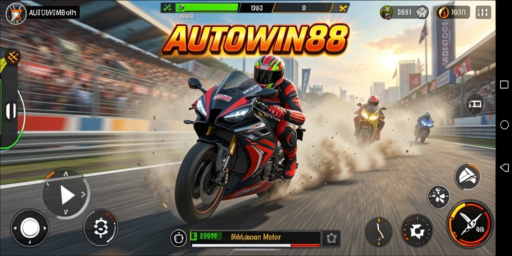 Screenshot utama AUTOWIN88 menampilkan aksi balapan motor yang mendebarkan.