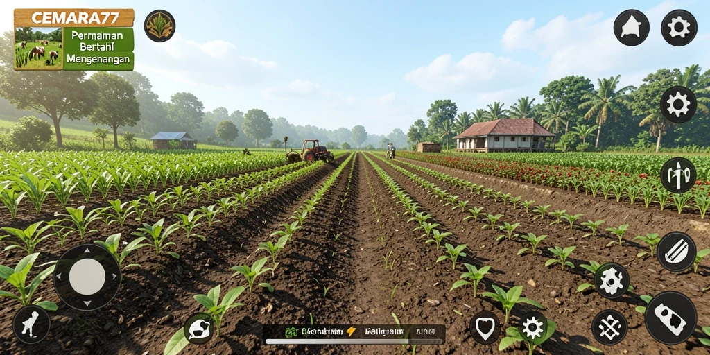 Screenshot gameplay CEMARA77 menampilkan ladang yang subur dan hewan ternak.
