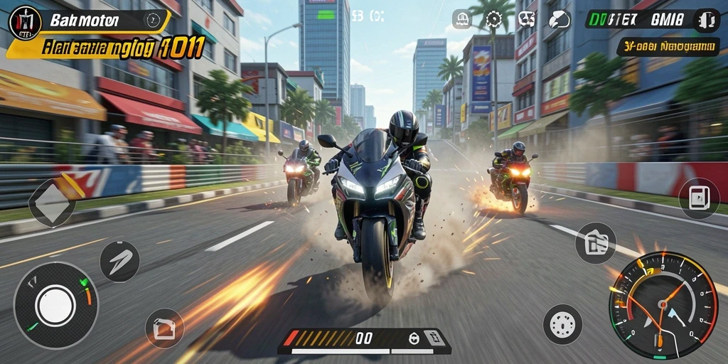 Gameplay seru DKK dengan balapan motor yang mendebarkan.