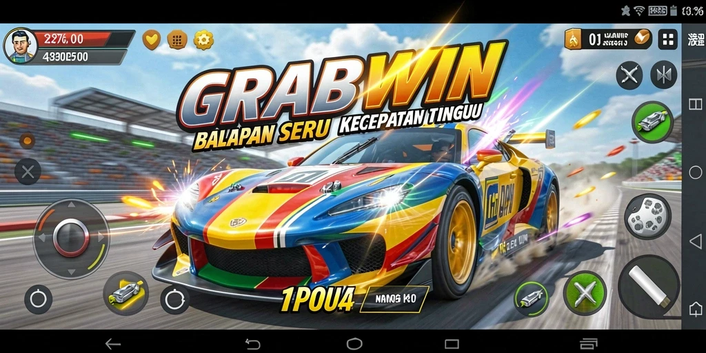 Screenshot gameplay <strong>GRABWIN</strong> menampilkan balapan seru di trek yang penuh tantangan.