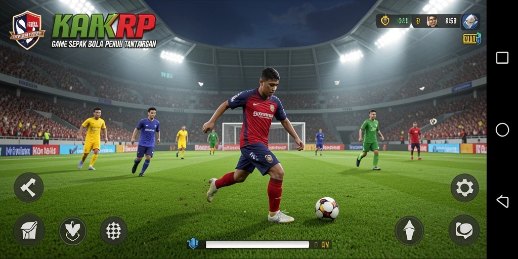 Tangkapan layar dari gameplay KAKRP dengan suasana pertandingan sepak bola.