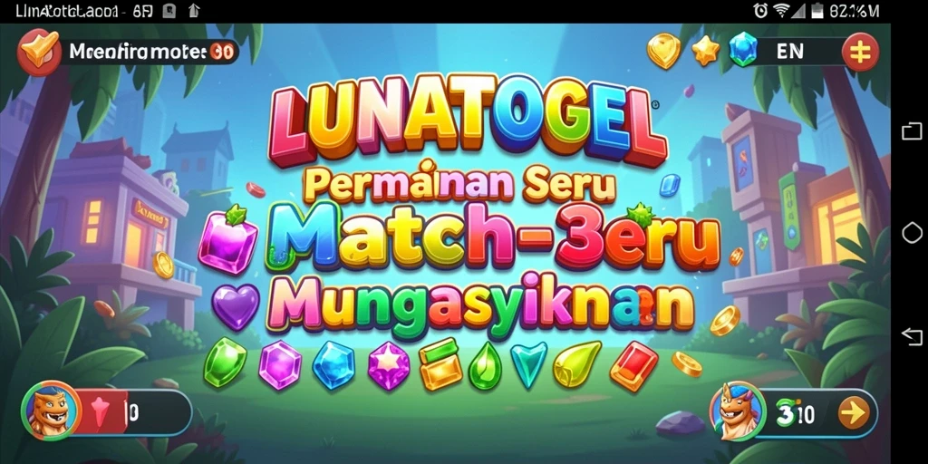 Screenshot LUNATOGEL menunjukkan gameplay Match-3 yang seru dan penuh warna.