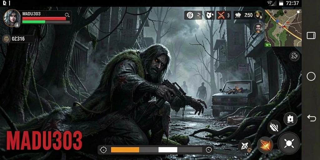 Tangkapan layar gameplay MADU303 menampilkan momen mencekam ketika karakter menghadapi makhluk menyeramkan.