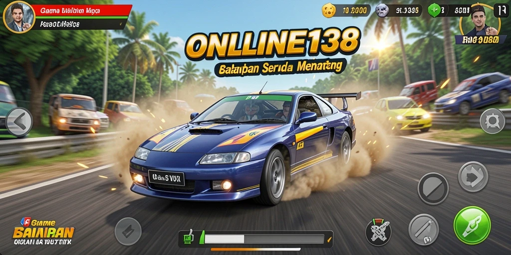 Screenshot gameplay ONLINE138 menampilkan adrenalin tinggi saat balapan.