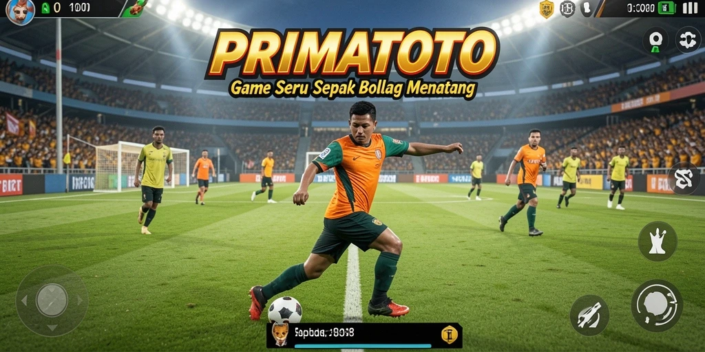 Screenshot gameplay <strong>PRIMATOTO</strong> menampilkan aksi seru di lapangan sepak bola.