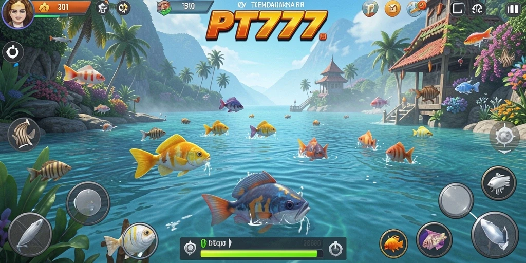 Tampilan gameplay PT777 dengan berbagai ikan yang bisa ditangkap.
