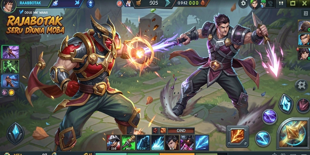 Screenshot permainan RAJABOTAK menampilkan pertarungan heroik di arena.