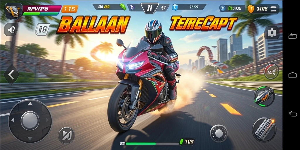 Screenshot gameplay RPVIP6 menampilkan balapan motor yang seru dan cepat.