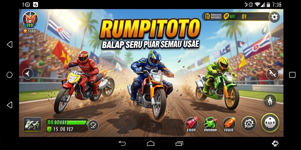 Gameplay balap seru di RUMPITOTO dengan kendaraan beragam.