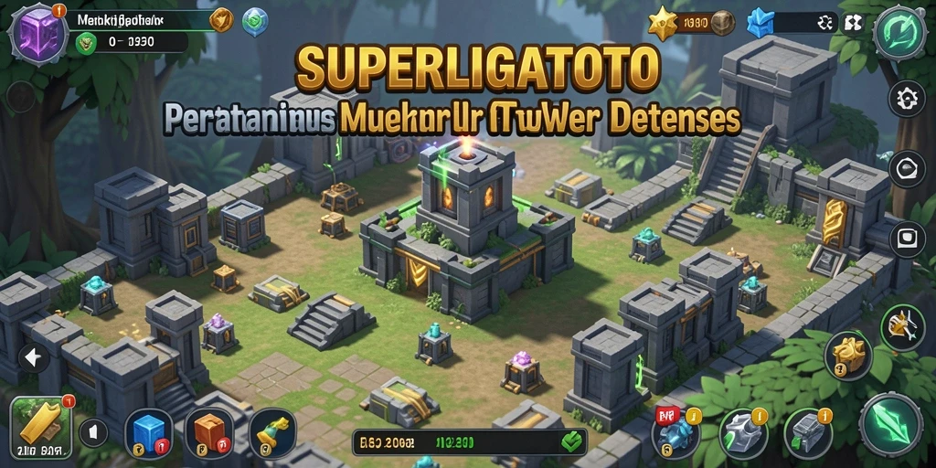 Tangkapan layar gameplay SUPERLIGATOTO yang menggambarkan pertempuran menara.