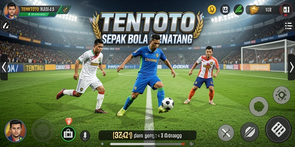 Screenshot utama TENTOTO menampilkan aksi seru di lapangan sepak bola.