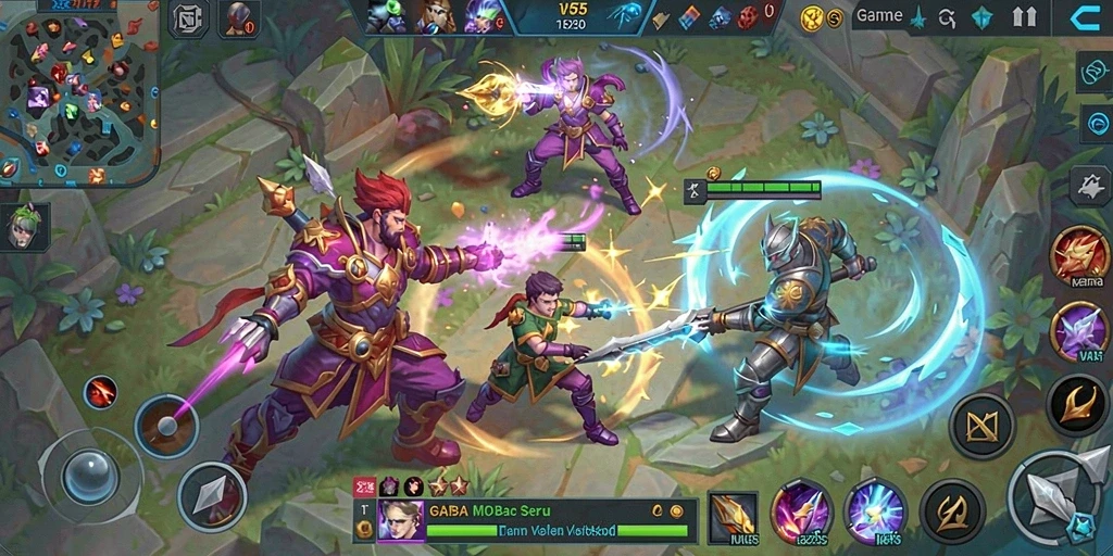 Screenshot gameplay VC55 menampilkan pertarungan tim seru di arena MOBA.
