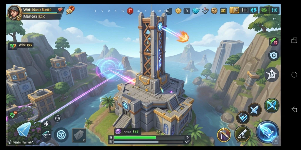 Tangkapan layar gameplay <strong>WIN199</strong> menampilkan aksi menara pertahanan yang intens.